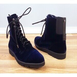 DONALD J PLINER Womens Boots 8.5 Blue Combat Velvet Lace Up Side Zip CAILEN